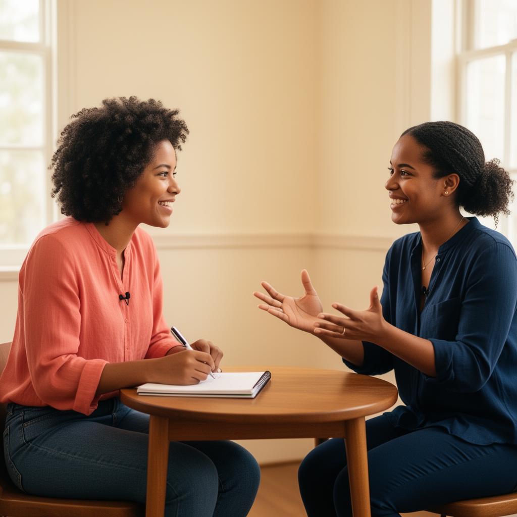 Two people in a warm, candid mock interview conversation